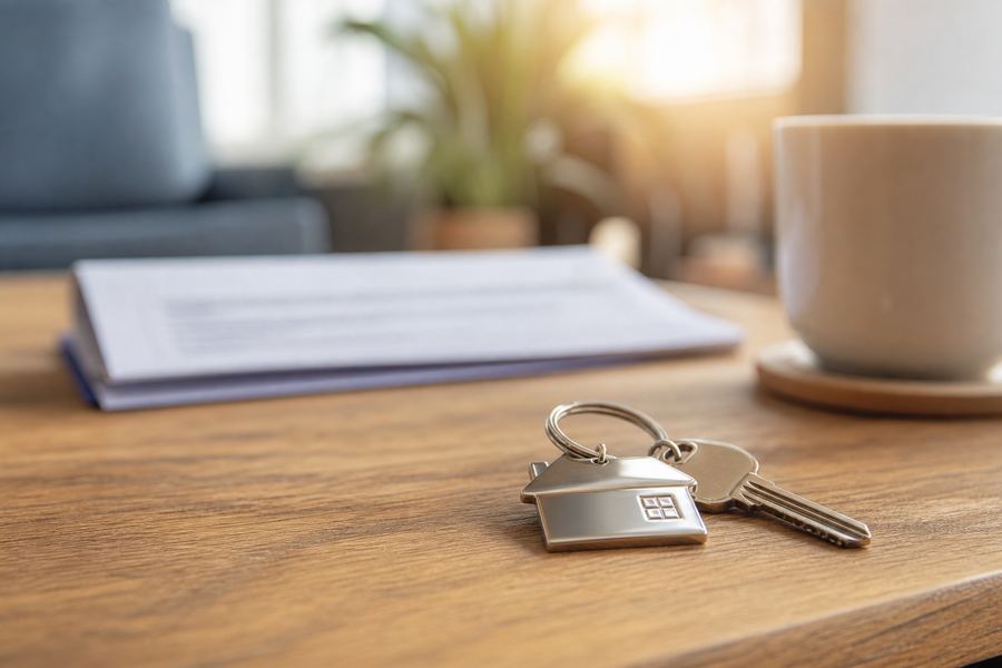 House keys on a table beside documents