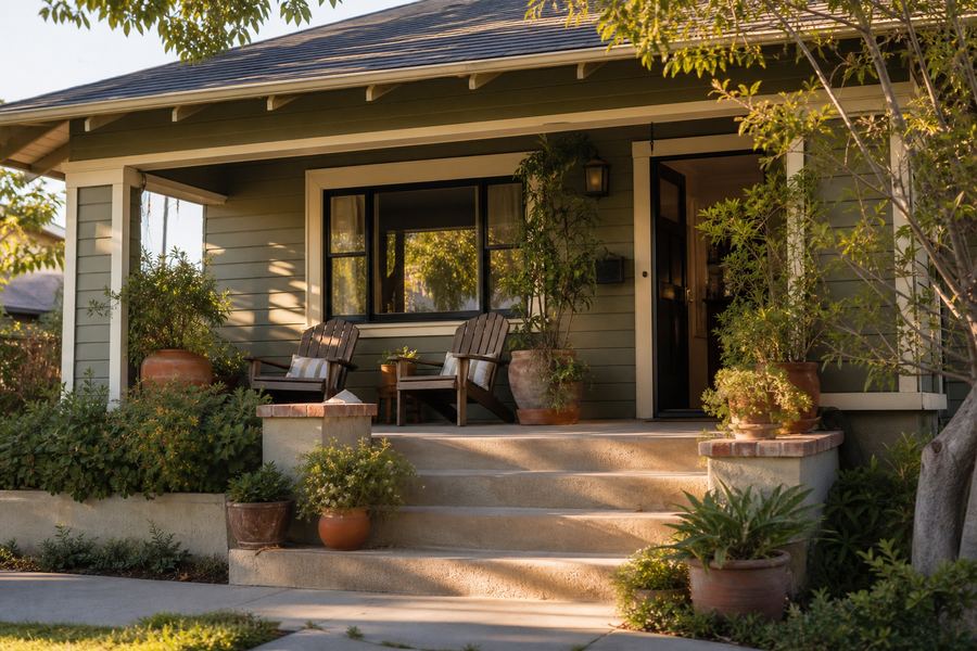 Front porch of a San Jose bungalow in afternoon light