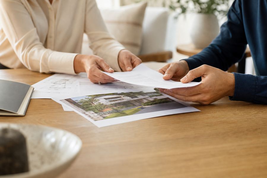 Two people reviewing home documents at a dining table